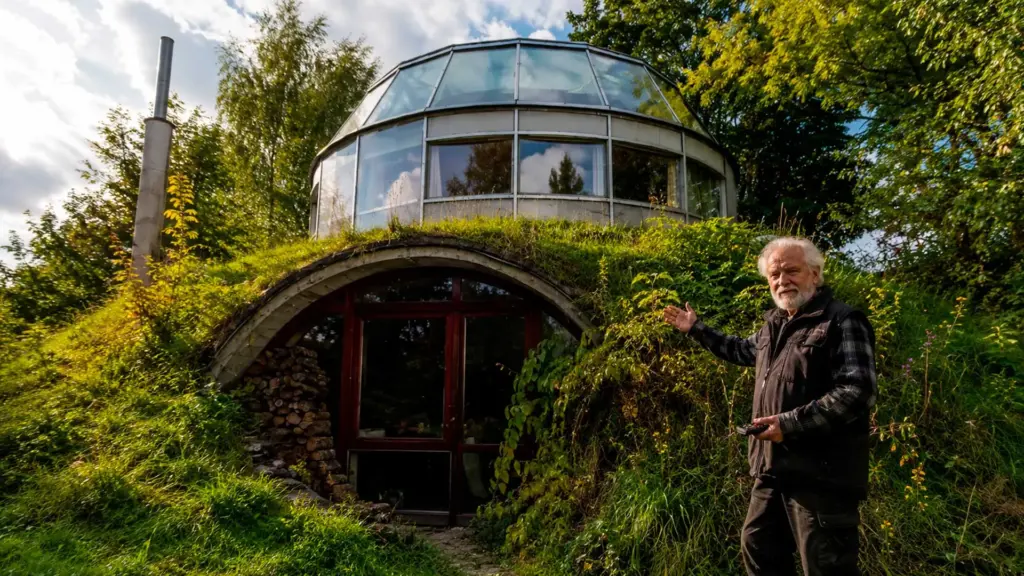 Cansado de construir casas comuns, construtor tcheco passou 20 anos erguendo uma residência circular de nove metros que gira 180 graus, faz as janelas apontarem para outra paisagem e desce dois metros sob a terra para usar a temperatura do solo e quase desaparecer na encosta