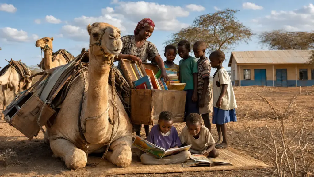 Sem exigir que crianças viajassem até uma biblioteca distante, Quênia levou caixas de livros em camelos, montou pontos de leitura no caminho e alcançou comunidades num raio de 15 a 20 quilômetros
