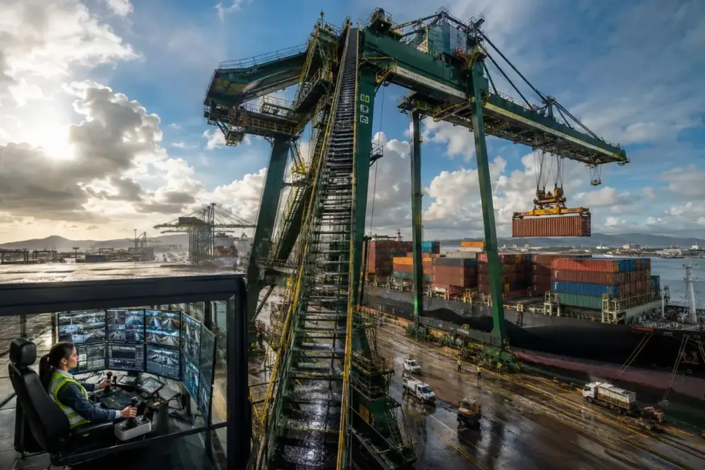 Depois de 16 anos subindo 120 degraus escorregadios até a cabine lá em cima para empilhar contêineres, operadora de 40 anos passou a fazer o mesmo serviço sentada no chão, com um joystick e 23 câmeras, no Porto de Santos