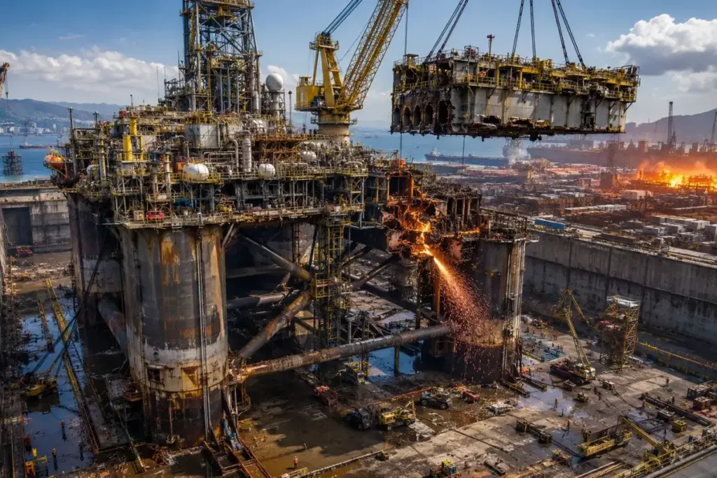 Depois de 25 anos bombeando petróleo na Bacia de Campos, a plataforma P-32 foi cortada no maçarico bloco por bloco dentro do maior dique seco da América Latina, e suas mais de 40 mil toneladas viraram aço de novo no forno da Gerdau em Charqueadas