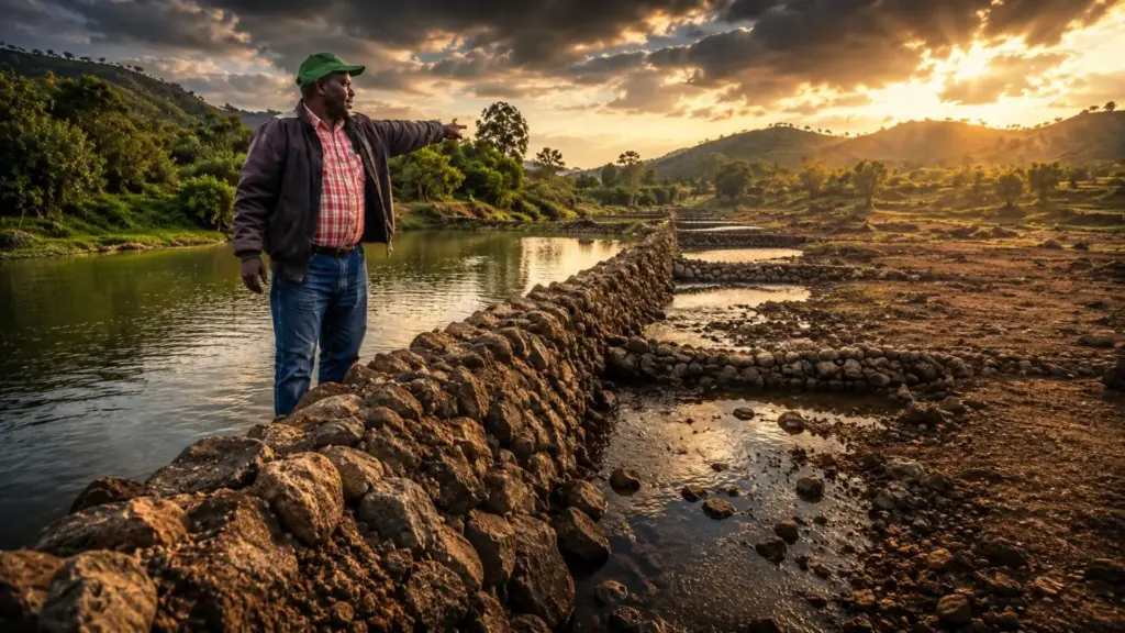 Depois de o governo dar a terra como perdida e propor o reassentamento da aldeia, um líder comunitário na Etiópia mobilizou os moradores para erguer à mão barreiras de pedra e barraginhas, e fez o lençol de água subir de 15 para 3 metros de profundidade Depois de o governo dar a terra como perdida e propor o reassentamento da aldeia, um líder comunitário na Etiópia mobilizou os moradores para erguer à mão barreiras de pedra e barraginhas, e fez o lençol de água subir de 15 para 3 metros de profundidade