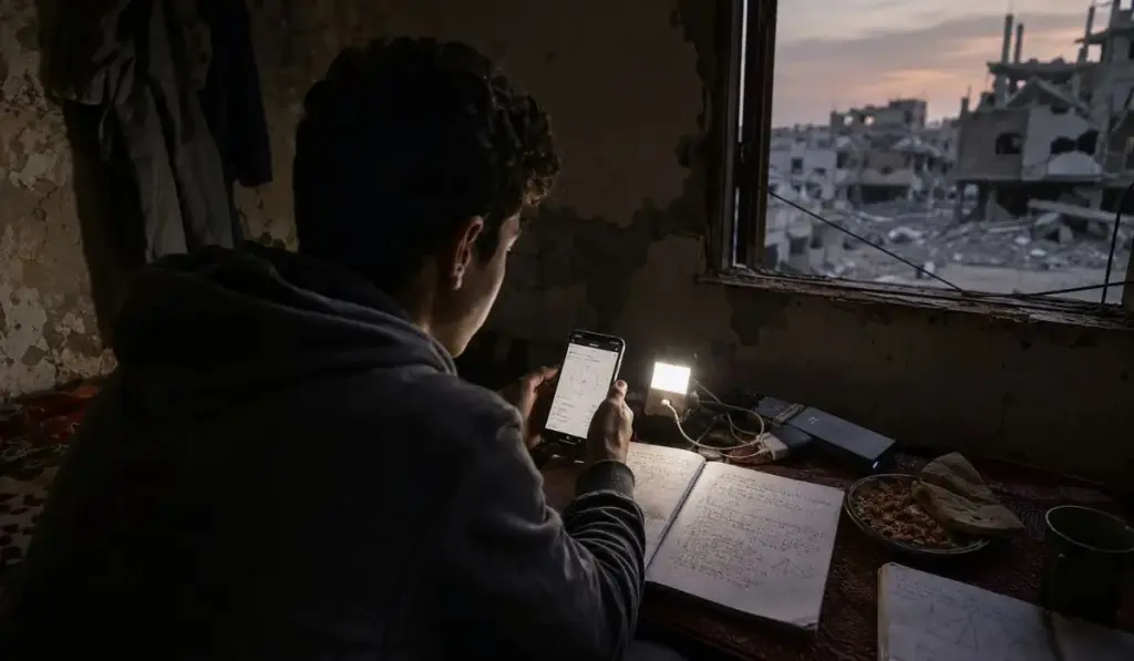 Jovem palestino de 17 anos estudou cálculo pelo celular em Gaza, com escola fechada, pouca comida e energia limitada, venceu prova online de cinco horas e conquistou vaga em final mundial com 108 países, transformando a matemática em refúgio contra a guerra