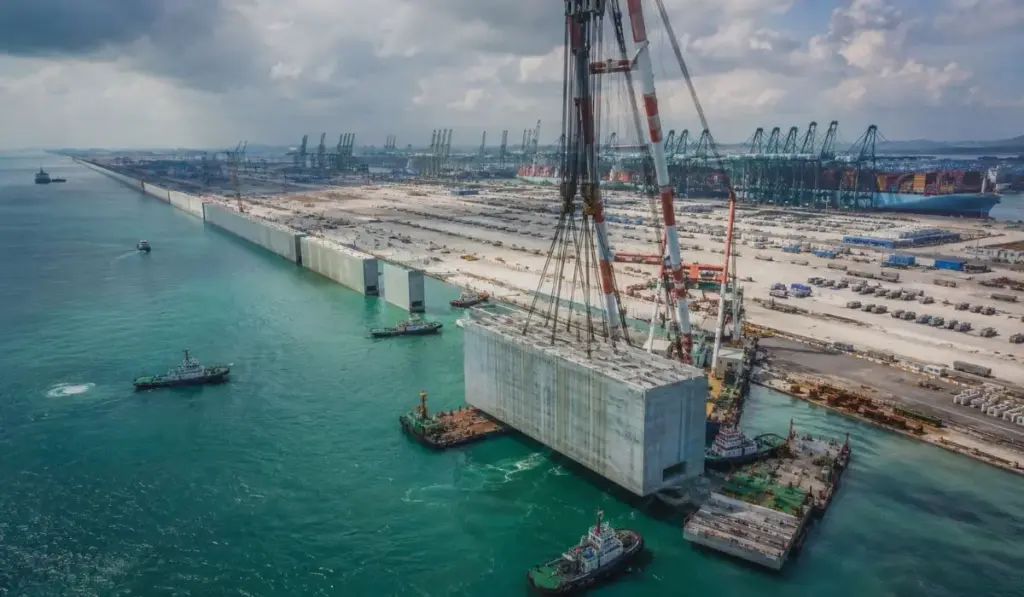 Singapura afunda no mar blocos de concreto da altura de prédios de 10 andares, ergue megamuralha submarina de 17,7 km e prepara porto automatizado de 3 mil campos de futebol para movimentar 65 milhões de contêineres por ano