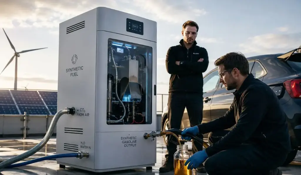 Gasolina feita do ar, sem petróleo, sem poços e sem refinarias: máquina do tamanho de uma geladeira criada por dois engenheiros usa água e eletricidade renovável para produzir combustível sintético de 95 octanas e tentar manter motores a combustão vivos no futuro