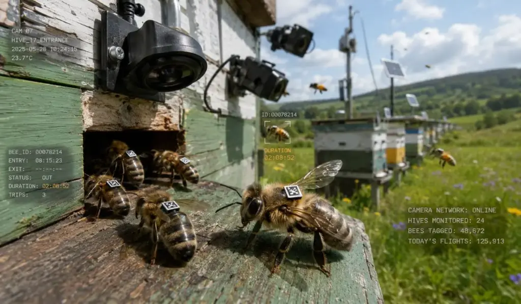 Cientistas colaram etiquetas semelhantes a QR codes nas costas de mais de 32 mil abelhas, instalaram câmeras 24 horas nas entradas de seis apiários e transformaram cada voo em registro individual, descobrindo operárias que passavam mais de duas horas longe da colmeia