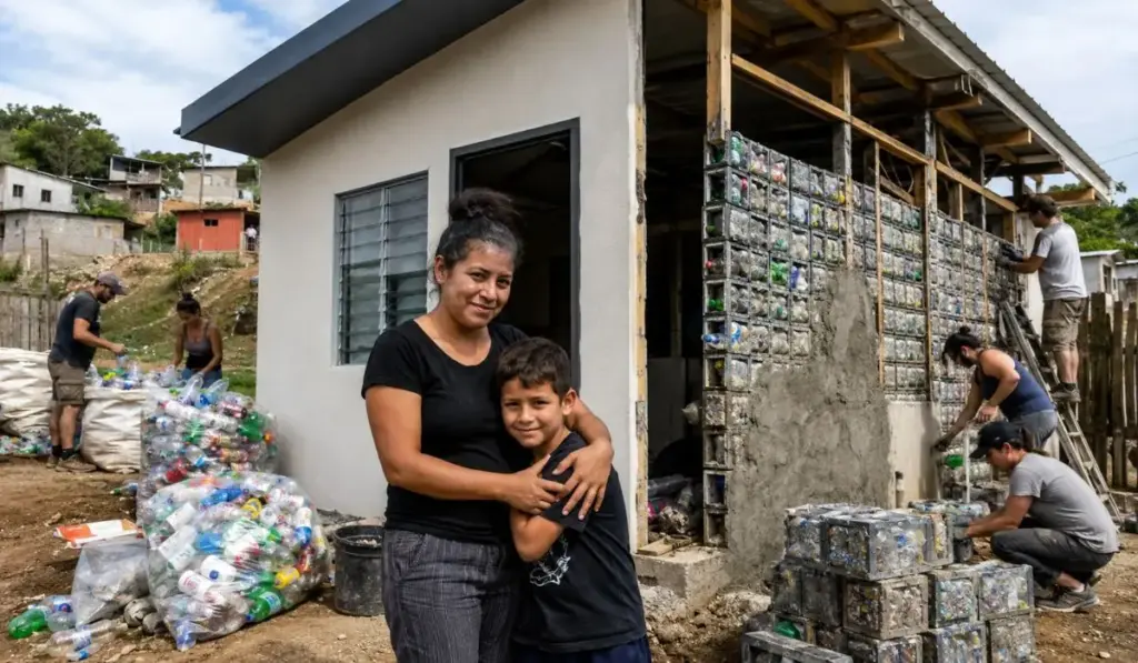 Depois de economizar por nove anos para comprar um terreno, mãe recebe na Costa Rica uma casa construída com blocos encaixáveis feitos de cerca de sete toneladas de garrafas e embalagens plásticas, erguida com 800 horas de trabalho voluntário para ela e o filho de 6 anos