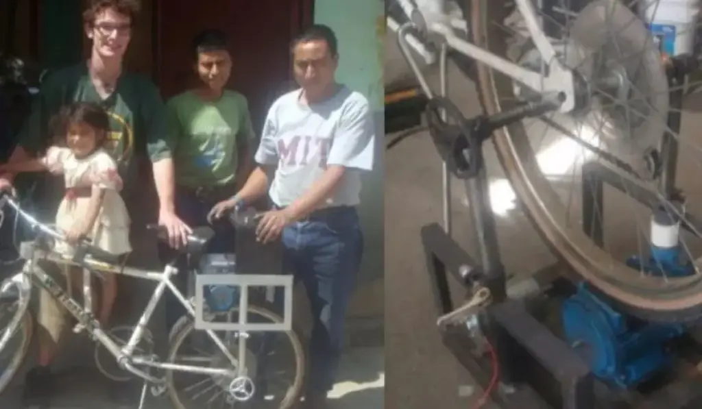 Aos 24 anos, estudante de Engenharia transformou uma bicicleta comum, uma bomba elétrica jogada fora e pedaços de pneus numa máquina sem combustível capaz de mover 40 litros de água por minuto e empurrá-la a 26 metros de altura, ajudando agricultores a deixar de carregá-la morro acima Aos 24 anos, estudante de Engenharia transformou uma bicicleta comum, uma bomba elétrica jogada fora e pedaços de pneus numa máquina sem combustível capaz de mover 40 litros de água por minuto e empurrá-la a 26 metros de altura, ajudando agricultores a deixar de carregá-la morro acima