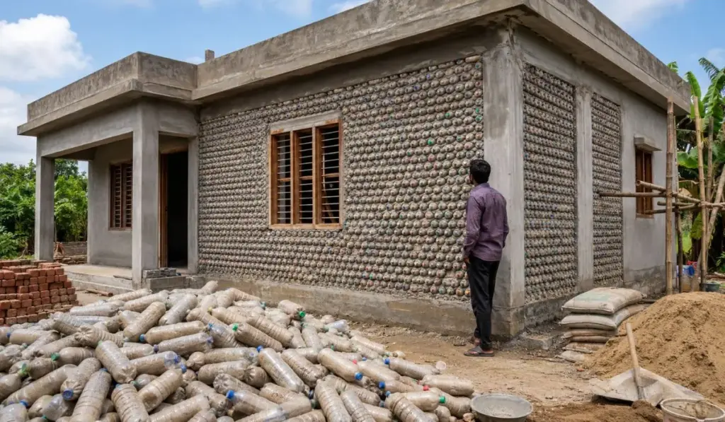 Dentista de Bangladesh passou anos planejando uma casa improvável, substituiu tijolos por garrafas plásticas cheias de areia e começou a erguer uma residência térrea de 140 m², selando o plástico dentro do cimento para transformar lixo em paredes de até 5,5 metros de altura