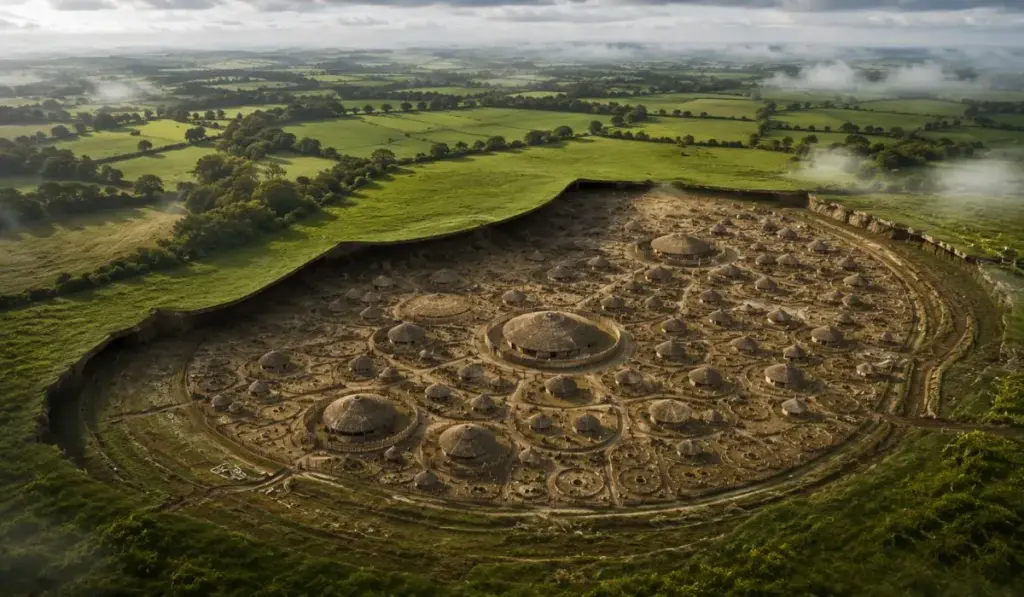 Escondida sob campos da Irlanda, uma “cidade” de 3 mil anos surge com 204 casas de madeira, edifícios circulares de 30 metros e um complexo de 109 hectares, equivalente a 155 campos de futebol, que muda a história urbana da Europa
