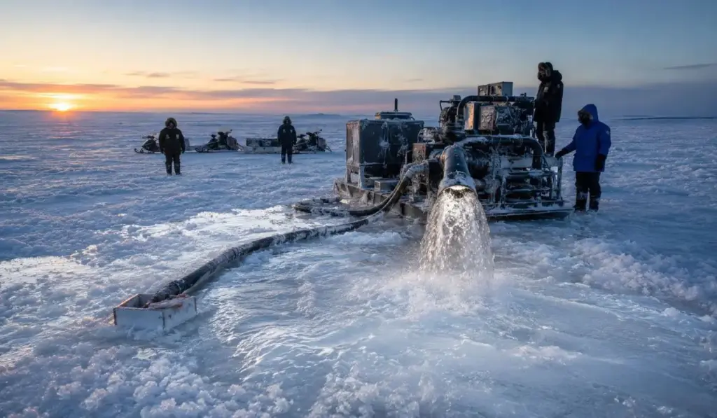 Cientistas furaram o gelo do Ártico, bombearam a própria água do mar para cima e deixaram o frio congelá-la novamente, engrossando a camada em até 32 centímetros, recuperando o equivalente a 50 anos de afinamento local e criando uma área branca que derrete mais devagar