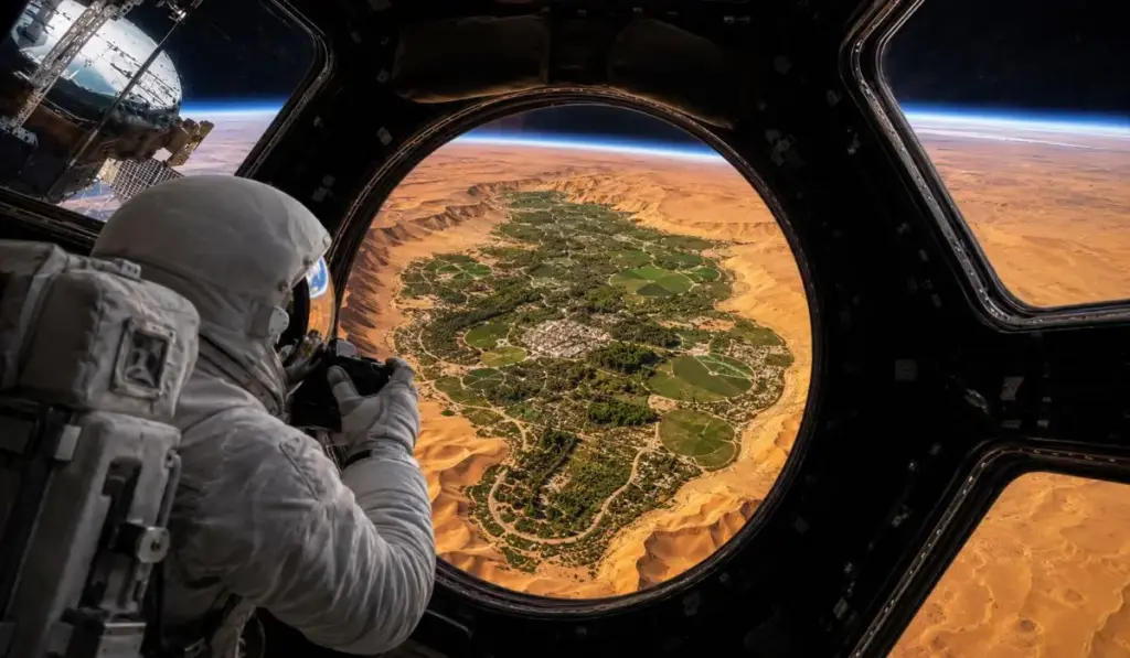 Visto do espaço, uma imagem feita por um astronauta mostra uma mancha verde que parece impossível no meio de um gigantesco oceano de areia: o oásis de Jubbah rasga o deserto da Arábia Saudita e mantém ruas, palmeiras e plantações vivas graças à água oculta nas profundezas