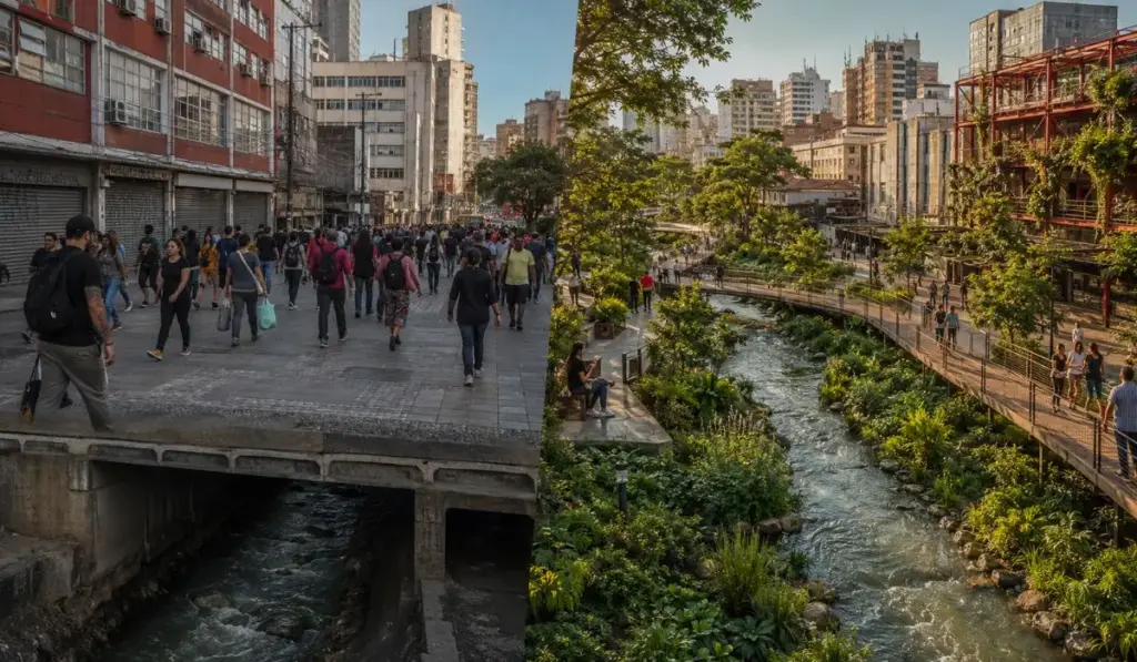 Durante décadas, milhares de pessoas atravessaram o centro de São Paulo sem imaginar que um córrego corria enterrado sob seus pés; agora, projeto vencedor quer desenterrar suas águas, criar uma passarela sobre o antigo caminho e transformar o rio esquecido no coração vivo do futuro Parque do Bixiga