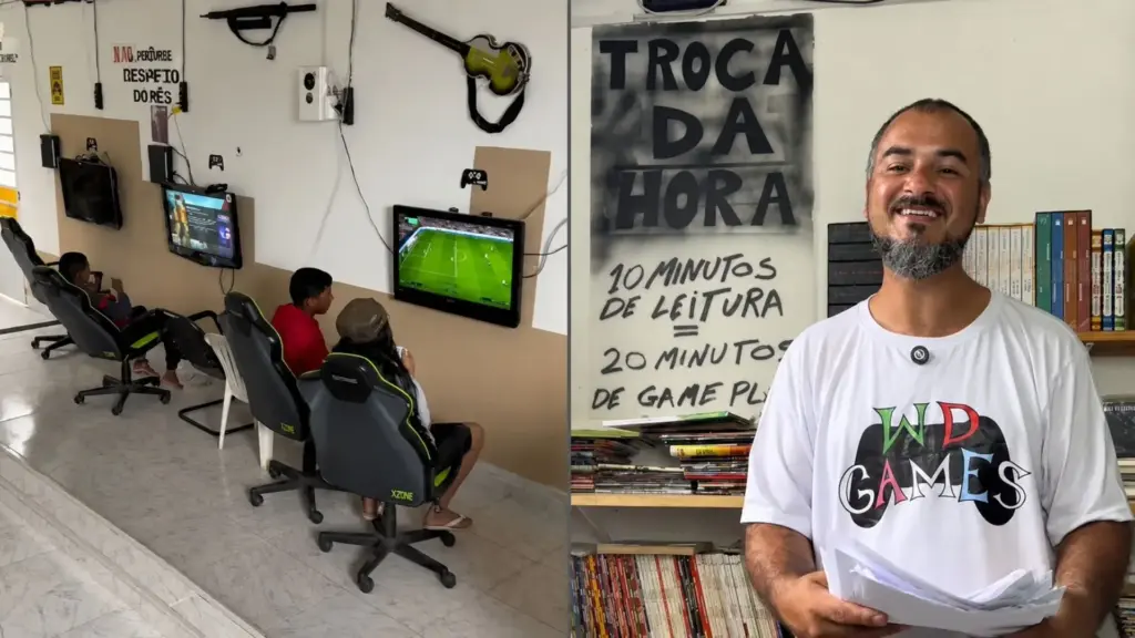 Dono de lan house paga R$ 5 por dia e libera um mês inteiro de videogame de graça para quem chegar com boletim de boas notas, e ainda troca 10 minutos de leitura por 20 de jogo