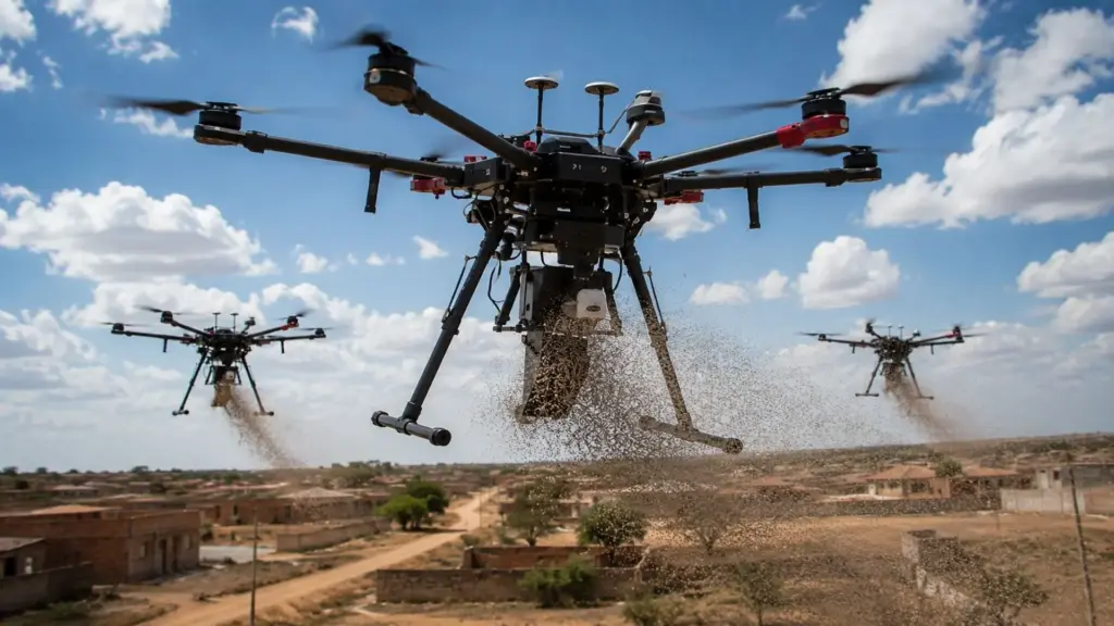 Drone despeja 50 mil mosquitos por voo no Brasil e cobre 20 hectares em 10 minutos, tudo com machos esterilizados por radiação para que as fêmeas selvagens acasalem e não gerem nenhum filhote