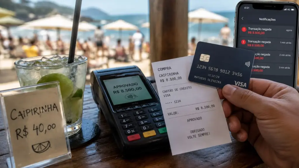 Ele comprou uma caipirinha de R$ 40 na praia e viu R$ 8.500 sumirem do cartão, além de outras três tentativas de cobrança recusadas pelo banco logo em seguida