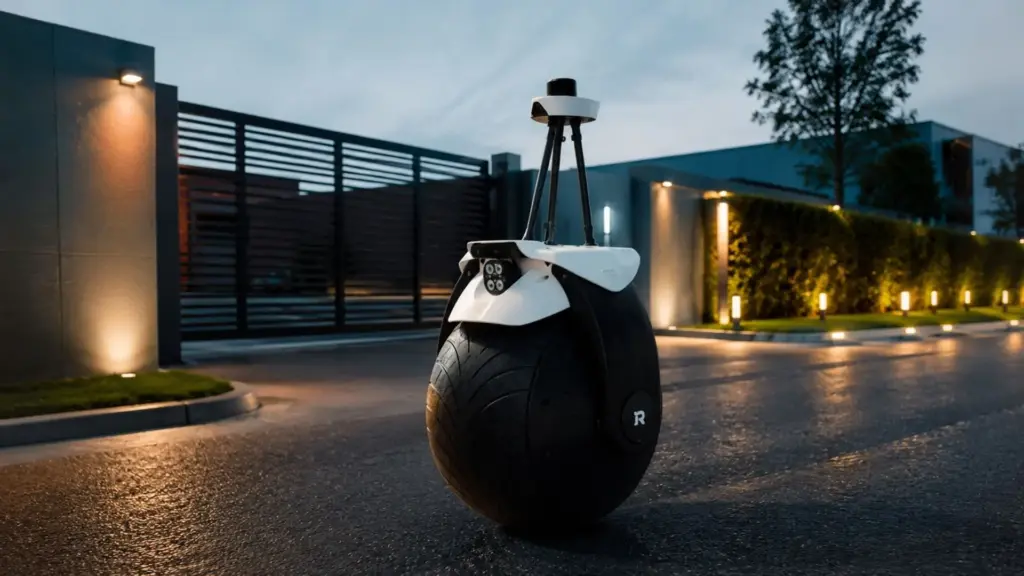 Ele pesa 45 quilos, roda até oito horas sem recarregar e patrulha sozinho equilibrado numa única roda, o novo robô de segurança de uma startup da Estônia promete vigiar propriedades por um custo bem menor que o de guardas humanos Ele pesa 45 quilos, roda até oito horas sem recarregar e patrulha sozinho equilibrado numa única roda, o novo robô de segurança de uma startup da Estônia promete vigiar propriedades por um custo bem menor que o de guardas humanos