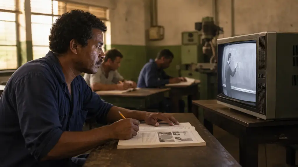 Décadas antes de celulares e aulas pela internet, brasileiros ligavam a televisão para concluir os estudos, resolviam exercícios em apostilas e encontravam orientação dentro de fábricas e comunidades