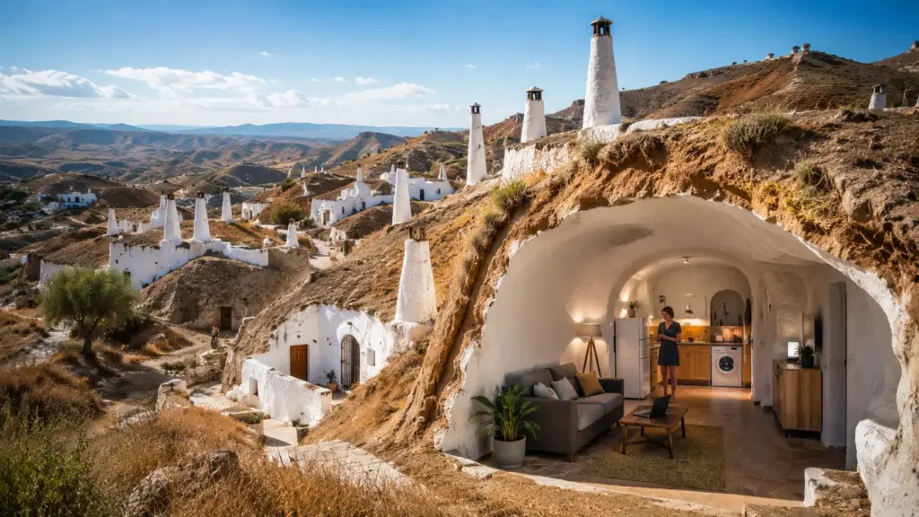 Moradores escavam casas dentro das colinas na Espanha e criam um bairro subterrâneo com cerca de 2 mil residências, internet, eletrodomésticos e temperatura próxima de 20 °C durante o ano