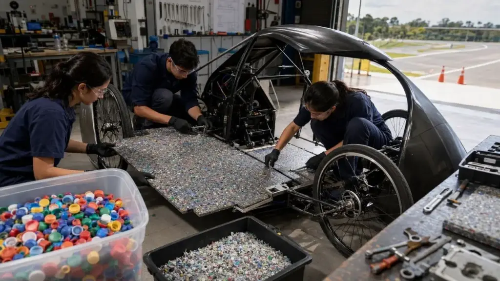 Estudantes mineiros transformam tampinhas recolhidas na universidade em plástico triturado e moldado para fabricar o assoalho de um carro experimental, levam o protótipo às pistas e testam na prática se uma solução reciclável, leve e resistente consegue percorrer mais distância usando menos energia em competição universitária real de eficiência