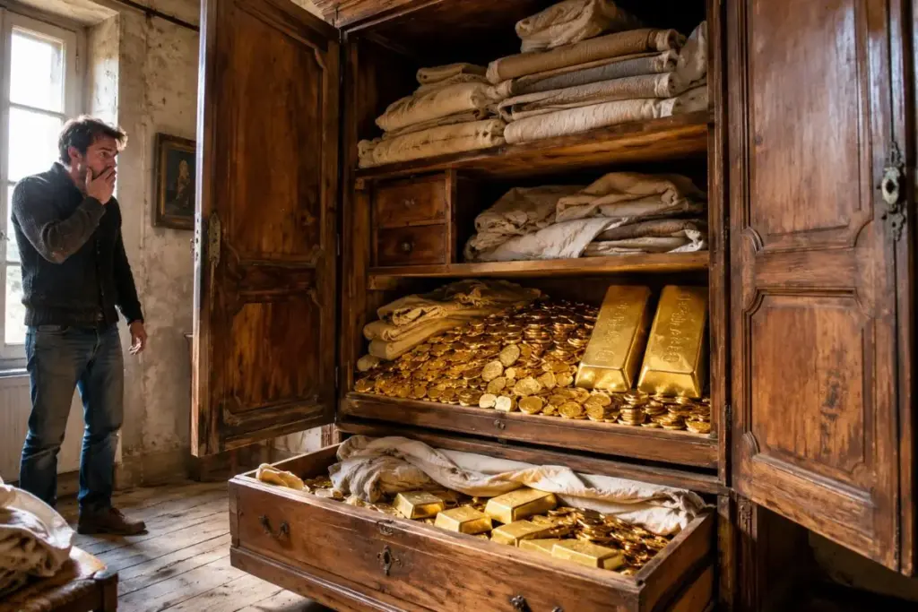 Esvaziando a casa herdada de um parente na Normandia, um francês achou 5 mil moedas de ouro, duas barras de 12 quilos e 37 lingotes escondidos sob móveis e pilhas de roupa de cama, um tesouro de 3,5 milhões de euros Esvaziando a casa herdada de um parente na Normandia, um francês achou 5 mil moedas de ouro, duas barras de 12 quilos e 37 lingotes escondidos sob móveis e pilhas de roupa de cama, um tesouro de 3,5 milhões de euros
