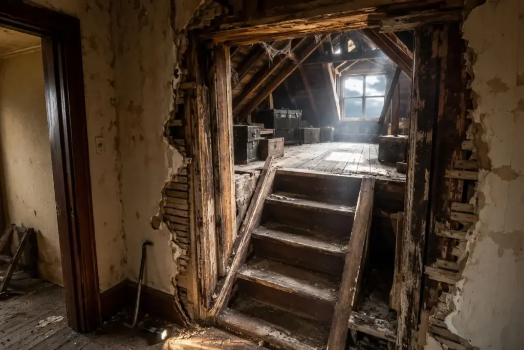 Família comprou uma casa de 1920 e dias depois viu o batente de uma porta aparecer sob o gesso: ao abrir a parede, descobriu uma escada e um sótão inteiro de terceiro andar que nunca tinham visto