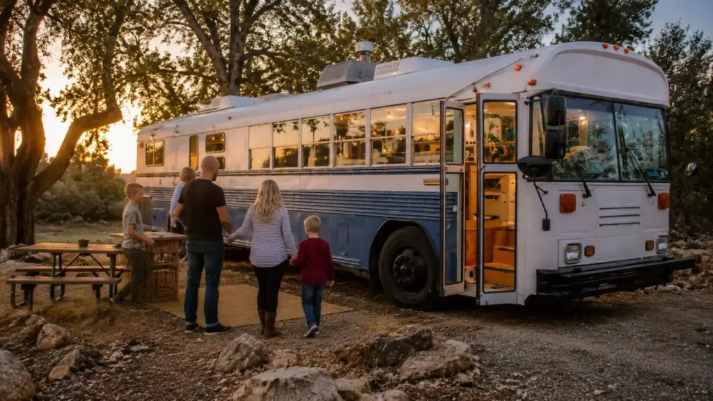 Família de cinco pessoas trocou casa de 195 metros quadrados por um ônibus escolar de apenas 22, passou seis meses reformando o veículo e construiu quase todos os móveis com as próprias mãos