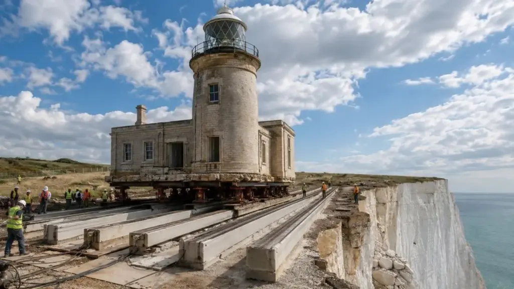 Farol de 850 toneladas ficou a apenas 4 metros de um penhasco e ameaçou despencar 61 metros no mar, até que engenheiros usaram 22 macacos hidráulicos, vigas de concreto e graxa para arrastar toda a construção 17 metros para o interior, mas a erosão pode obrigar uma nova mudança nas próximas décadas