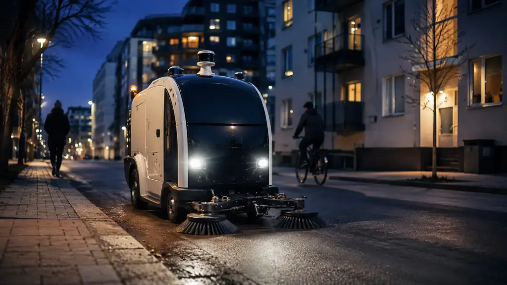Cansada do barulho das máquinas de limpeza durante o dia, Helsinque colocou um robô autônomo para varrer ruas de madrugada, desviar de pedestres, operar sem emissões diretas e gastar apenas 15% da energia usada por equipamentos convencionais