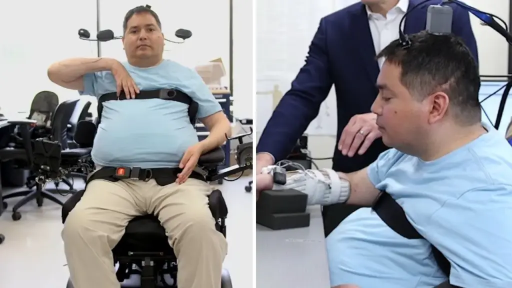 Homem com tetraplegia volta a alimentar-se, beber em copo e sentir o toque da irmã após cirurgia de 15 horas para instalar implante cerebral com inteligência artificial, sistema que contorna lesão na medula, estimula músculos e permite segurar cascas de ovos sem quebrá-las em 87% das tentativas
