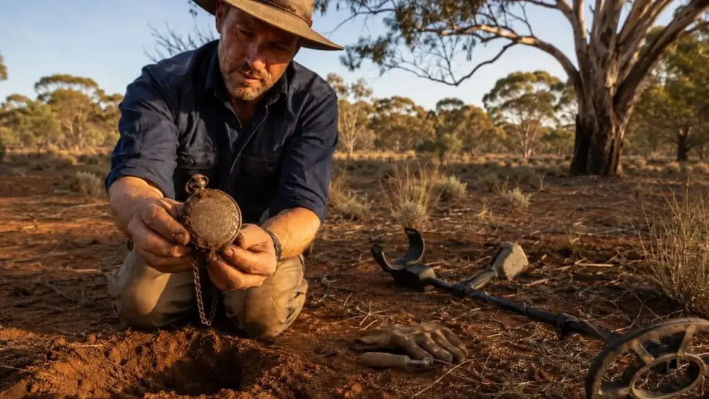 Homem encontra relógio de bolso centenário com detector de metais na Austrália, decifra iniciais e número gravados na tampa e devolve peça ao filho do antigo dono após consultar mapas de assentamentos de veteranos da Primeira Guerra Mundial e descobrir quem perdeu o objeto há 100 anos