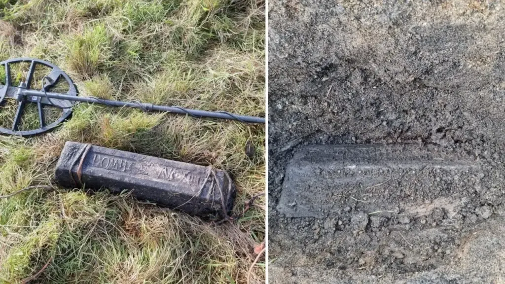 Homens com detectores de metal encontram dois lingotes romanos de chumbo enterrados em fazenda no País de Gales, peças de quase 2.000 anos marcadas com o nome do imperador Domiciano e datadas de 87 d.C., revelando exploração mineral iniciada pouco depois da conquista romana do oeste galês