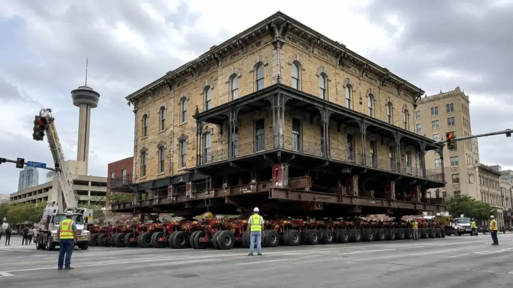 Em vez de demolir hotel histórico de 1.450 toneladas que ocupava o espaço de um novo complexo, engenheiros ergueram a construção sobre 36 plataformas hidráulicas com 288 pneus, puxaram tudo por seis quarteirões durante seis dias e colocaram o prédio inteiro de volta para funcionar