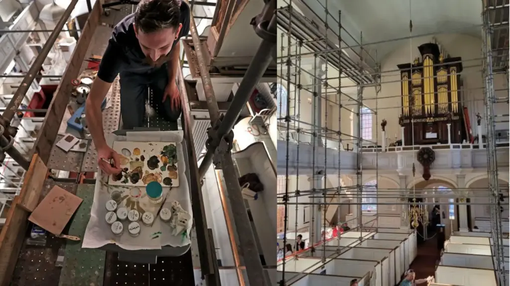 Restauradores sobem em andaime na igreja mais antiga de Boston, removem sete camadas de tinta branca e revelam anjos pintados por volta de 1730, escondidos havia mais de um século nos arcos do templo ligado a Paul Revere e ao início da Revolução Americana Restauradores sobem em andaime na igreja mais antiga de Boston, removem sete camadas de tinta branca e revelam anjos pintados por volta de 1730, escondidos havia mais de um século nos arcos do templo ligado a Paul Revere e ao início da Revolução Americana