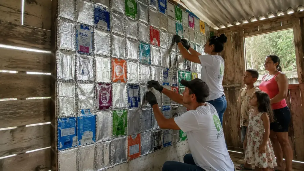Famílias em casas de madeira recebem no Brasil paredes revestidas com caixas de leite reutilizadas, em projeto que já beneficiou mais de 286 lares e transforma embalagens longa vida em proteção para moradias precárias Famílias em casas de madeira recebem no Brasil paredes revestidas com caixas de leite reutilizadas, em projeto que já beneficiou mais de 286 lares e transforma embalagens longa vida em proteção para moradias precárias