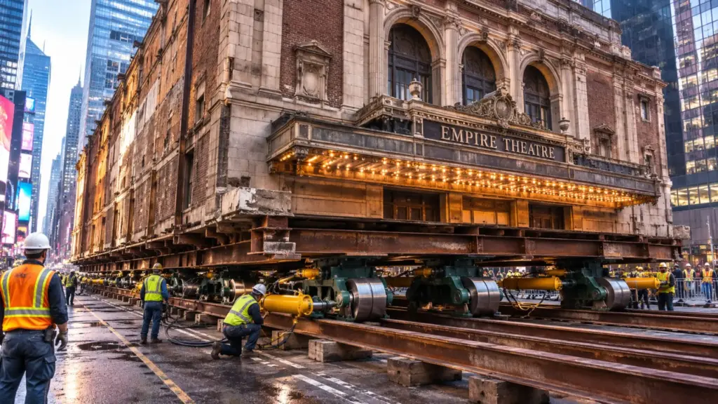 Em vez de desmontar teatro histórico de 3.700 toneladas que ocupava o terreno de um novo complexo, engenheiros ergueram o prédio, apoiaram tudo em 32 roletes e moveram a estrutura por 51 metros no coração da Times Square