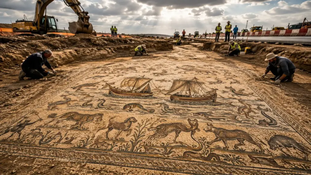 Mosaico romano de mais de 150 m² e cerca de 1.700 anos é desenterrado por acaso durante a ampliação de uma rodovia em Israel, revelando animais exóticos, peixes, navios mercantes e monstros marinhos no caminho das máquinas