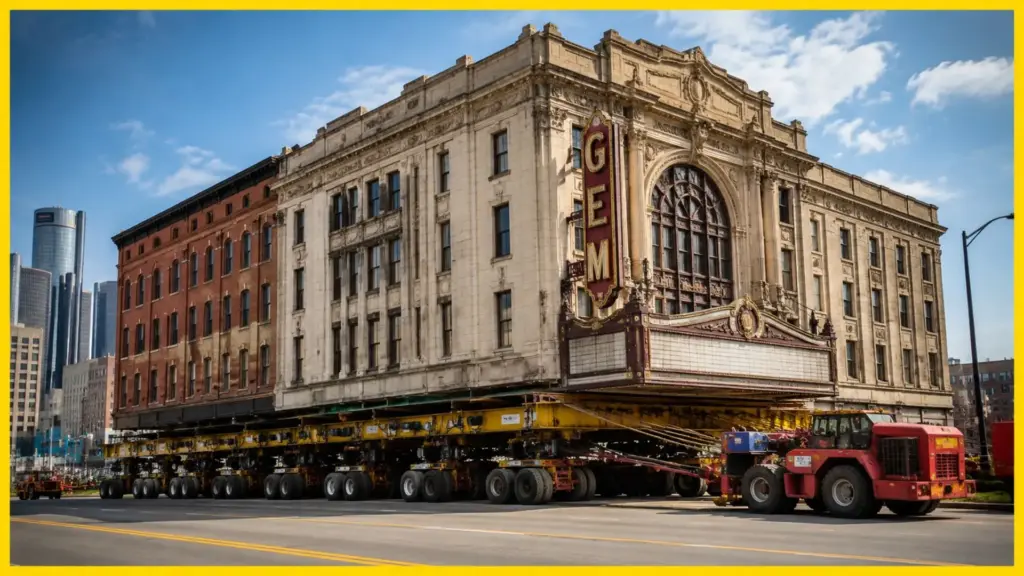 Em vez de demolir teatro histórico de 2.750 toneladas para abrir espaço a um novo estádio, engenheiros colocaram o edifício inteiro sobre 72 plataformas com rodas, moveram a estrutura por 563 metros entre as ruas de Detroit e preservaram salões, palco e fachadas sem desmontar o prédio