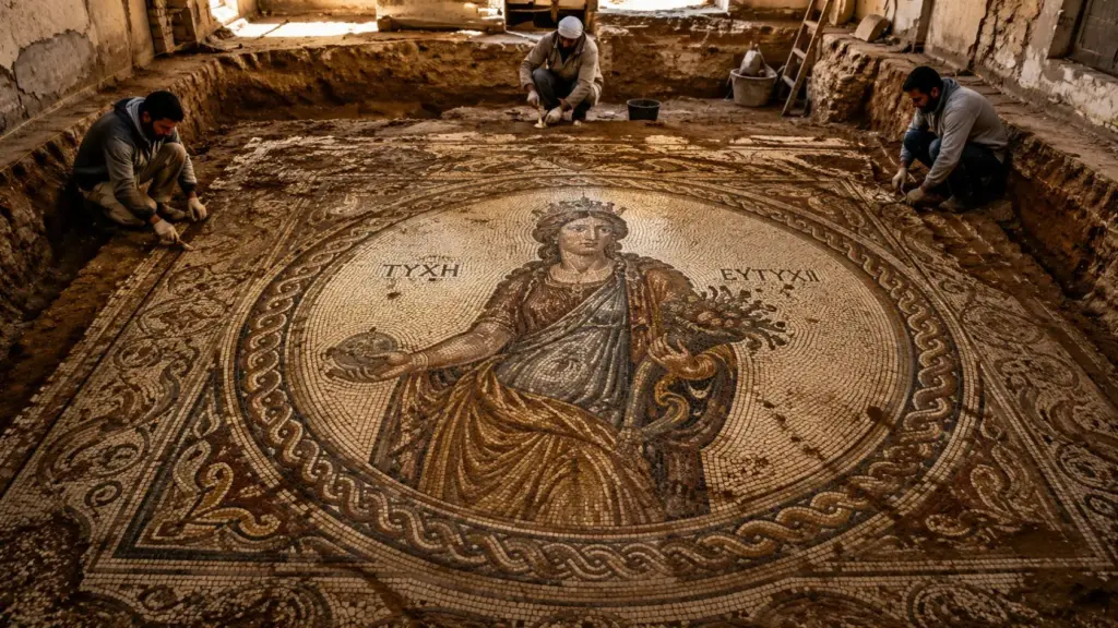 Mosaico romano de 8,6 m² é desenterrado por acaso durante a abertura de um poço dentro de casa na Síria, a 2,5 metros do chão, e revela a deusa da sorte ao lado de uma inscrição grega que deseja “boa fortuna”