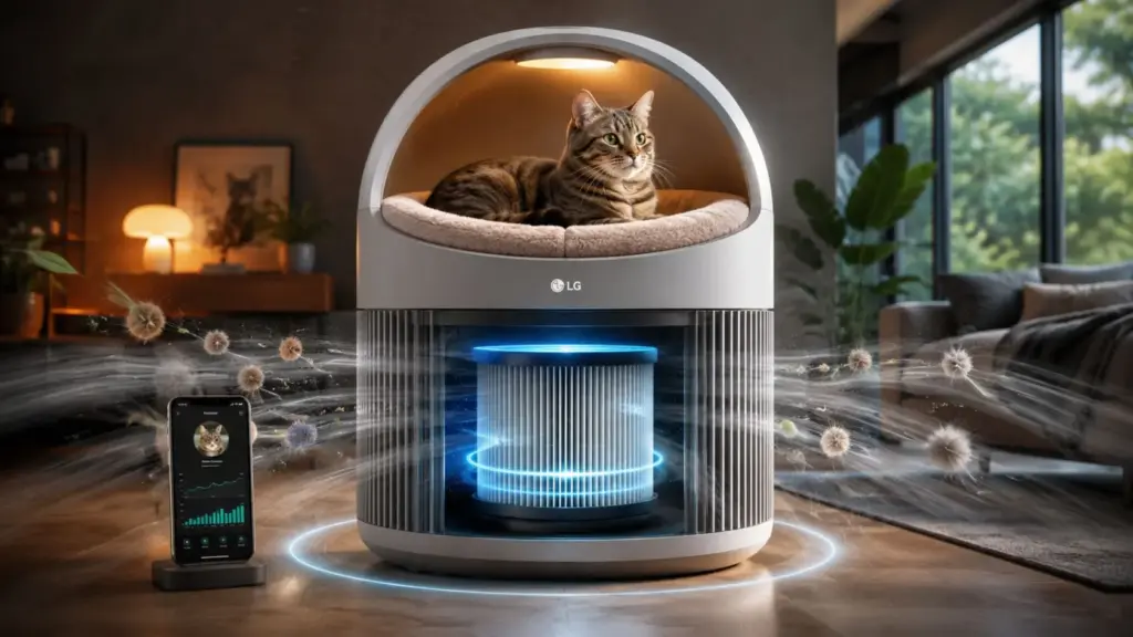 Adeus purificador de ar tradicional: LG surpreende e lança versão feita para casas com gatos, com cama aquecida, filtro HEPA13, modo silencioso automático, redução de pelos, alérgenos e odores, balança integrada e monitoramento de peso e descanso pelo app ThinQ