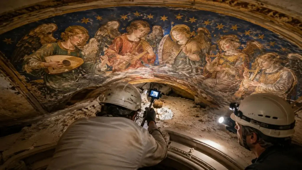Restauradores seguem o som de pombos durante obra na Catedral de Valência, na Espanha, introduzem uma câmera por um buraco e encontram dez anjos músicos do século XV acima de uma falsa cúpula barroca, com fundo azul estrelado e ouro preservados por mais de 330 anos a apenas 80 centímetros do teto visível