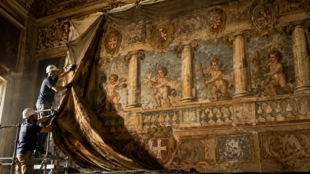 Restauradores retiram telas do século XVIII durante obra no Palácio do Grão-Mestre, em Malta, e encontram afrescos de 400 anos escondidos no alto das paredes, com putti, colunas dóricas, cruzes e brasões preservados desde o governo de Alof de Wignacourt em Valeta Restauradores retiram telas do século XVIII durante obra no Palácio do Grão-Mestre, em Malta, e encontram afrescos de 400 anos escondidos no alto das paredes, com putti, colunas dóricas, cruzes e brasões preservados desde o governo de Alof de Wignacourt em Valeta
