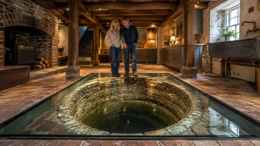 Casal investe US$ 1,5 milhão para reformar uma casa de 285 anos, escava à mão o porão de terra e encontra o poço original de tijolos escondido sob o piso, que preserva sob vidro temperado ao transformar o subsolo úmido em área habitável