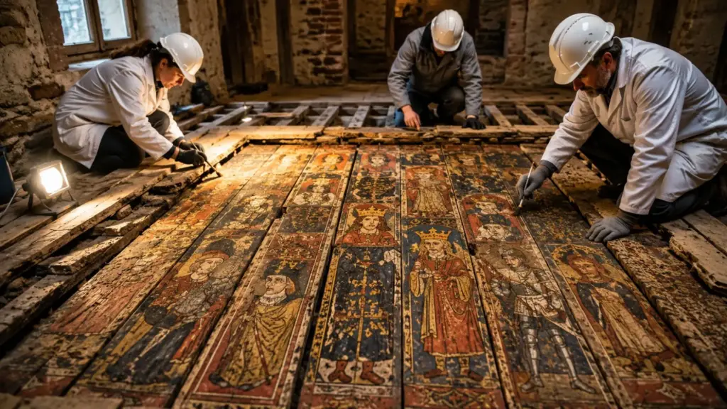 Obras para transformar imóveis antigos em um hotel no centro histórico de Toledo revelaram 35 painéis de madeira pintados há cerca de 700 anos, reutilizados como piso e cobertos por reis, cavaleiros e sábios da corte medieval