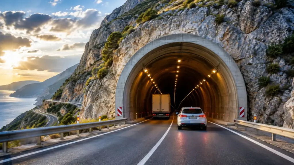 Túnel colossal com 5,9 km corta montanha, reduz viagem de 30 para apenas 7 minutos, custou 142 milhões de euros e esconde 11 passagens de emergência que reforçam a segurança rumo à Riviera Albanesa