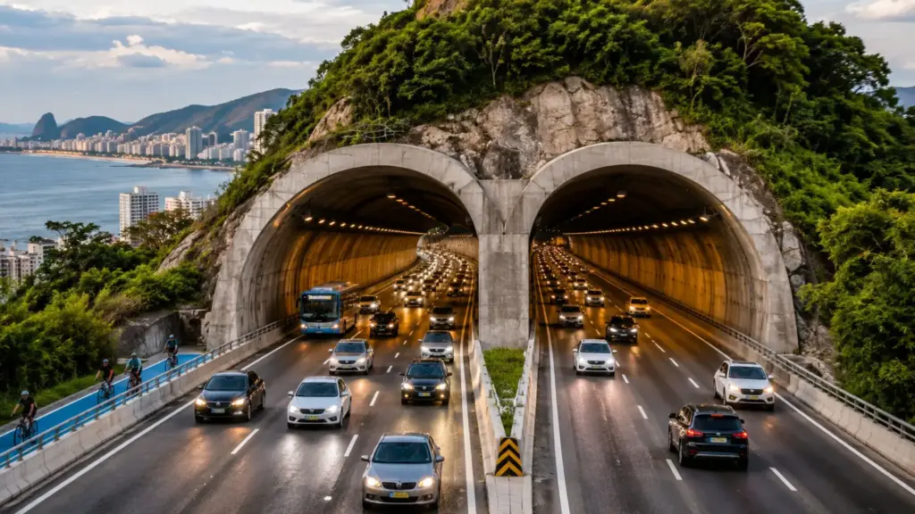 Um túnel de 1,35 quilômetro atravessa uma serra após 70 anos de espera e muda a rota de 42,5 mil veículos por dia entre a baía e o litoral oceânico