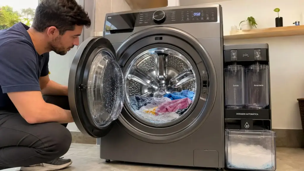Adeus máquina de lavar tradicional: TCL surpreende e apresenta versão Super Drum com tambor gigante de 540 mm, seis aletas internas que imitam a lavagem à mão, espuma jetBubble, remoção automática de manchas, vapor, autodosagem e controle por Wi-Fi