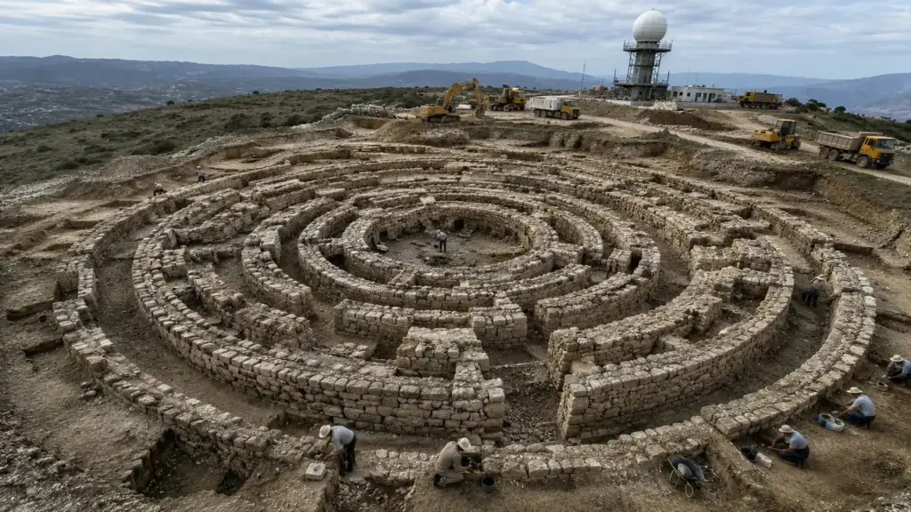 Monumento minoico de 1.800 m² e cerca de 4 mil anos é revelado durante obras para instalar o radar de um novo aeroporto na Grécia, com oito anéis de pedra formando uma estrutura labiríntica no alto de uma colina de 494 metros