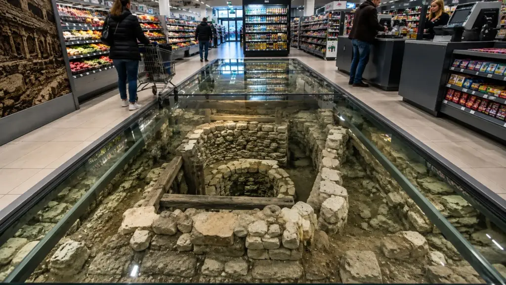 Rede abre supermercado no centro de Dublin e, ao escavar o terreno, encontra uma estrutura do século XI deixada pelos descendentes de vikings e vestígios de um teatro do século XVIII, instala painéis de vidro entre prateleiras e caixas e transforma uma compra comum numa janela para quase mil anos de história