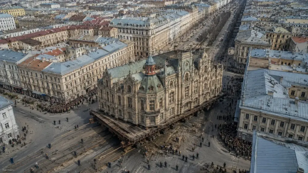 Em vez de demolir prédio de 23 mil toneladas que bloqueava o alargamento de uma rua central de Moscou, engenheiros separaram a estrutura da fundação, puxaram tudo por 50 metros sobre trilhos e mantiveram moradores dormindo enquanto as redes do edifício continuavam funcionando