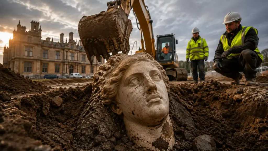 Escavadeira abre estacionamento de mansão inglesa, passa sobre uma “pedra” e revela o rosto de uma estátua romana de 1.800 anos; duas semanas depois, o busto aparece enterrado a poucos metros